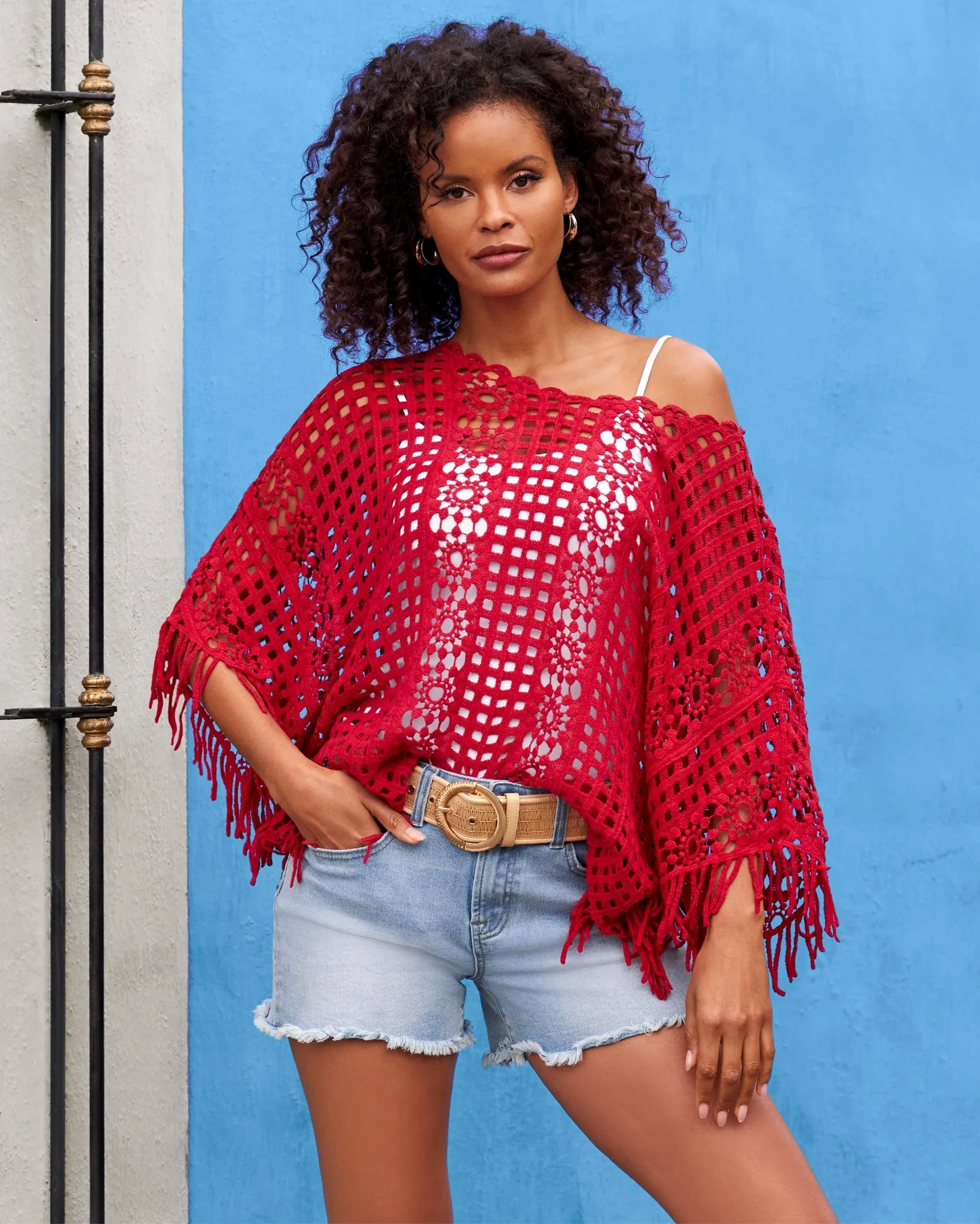 Effortless Crochet Pullover Poncho Racing Red sold by Boston Proper