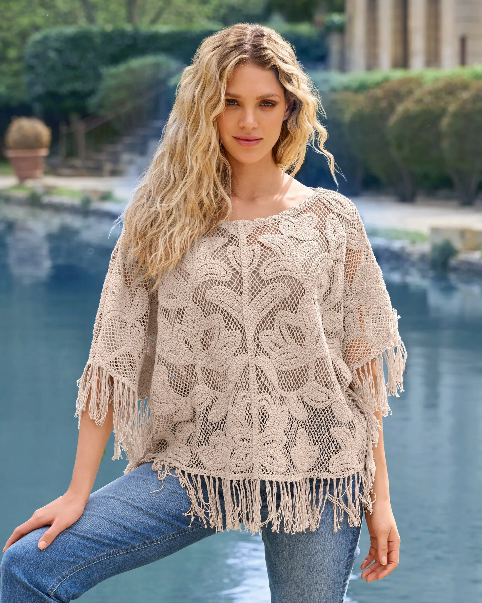Crochet Slouchy Fringe Poncho Neutral sold by Boston Proper