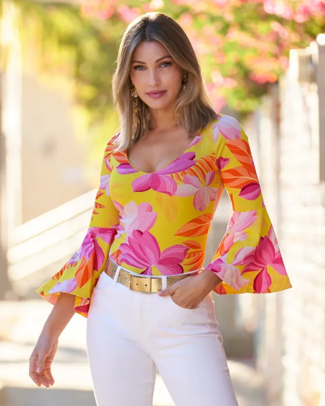 So Sexy La Sirena Floral Wide Neck Knit Top Yellow/Purple sold by Boston Proper