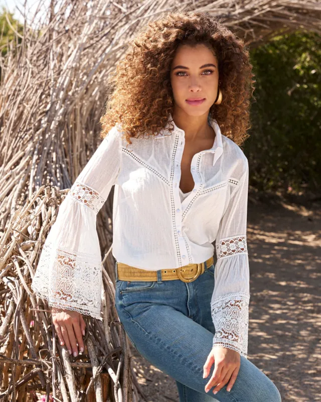 Flare sleeve Lace Trim Cotton Button Up Shirt White sold by Boston Proper
