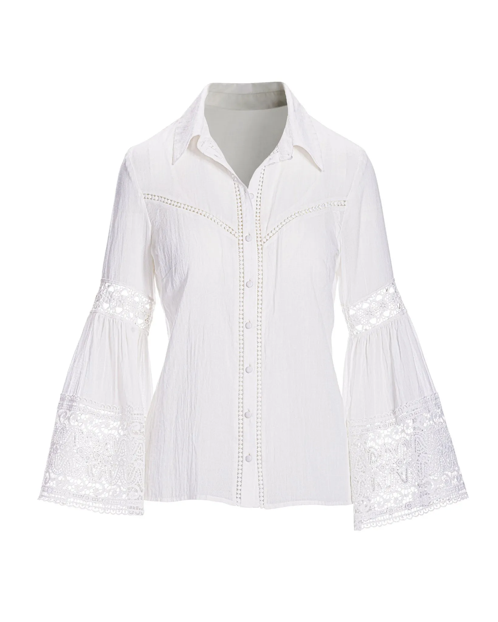 Flare sleeve Lace Trim Cotton Button Up Shirt White sold by Boston Proper product image thumbnail 2
