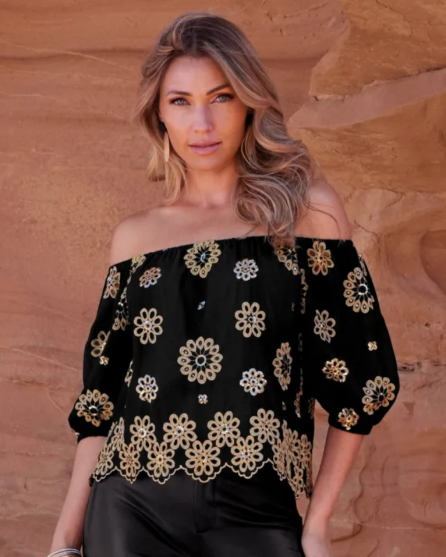 Embroidered Sequin Scallop Hem Blouse Black Multi sold by Boston Proper