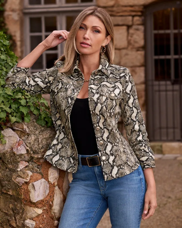 Desert Python Ruched Sleeve Shaped Denim Jacket Neutral sold by Boston Proper