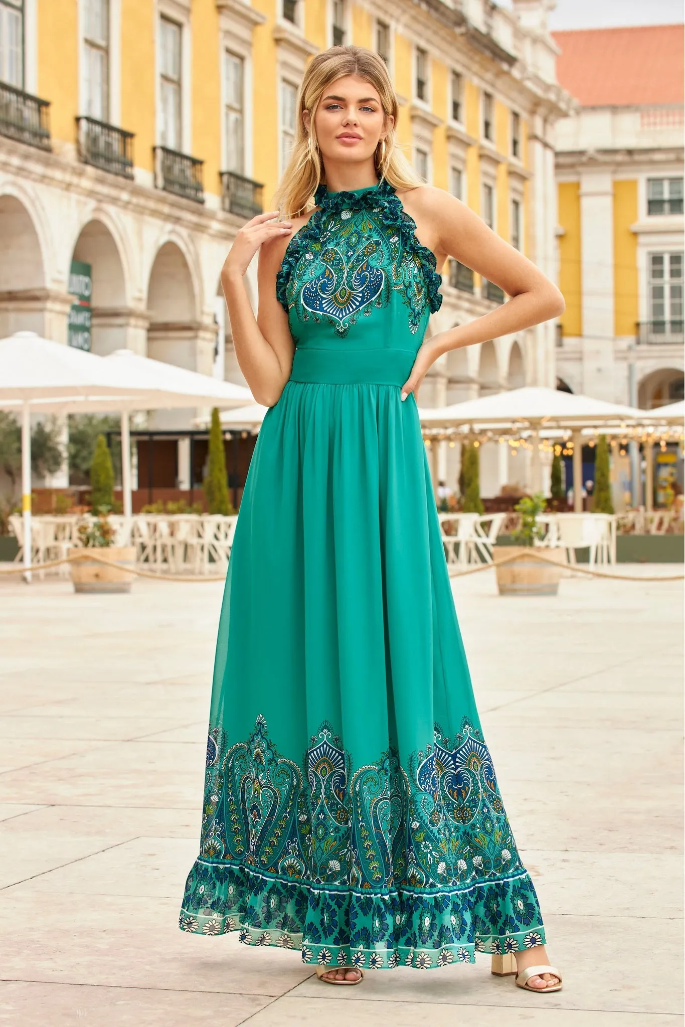 Paisley Print Ruffle High Neck Maxi Dress Blue Multi sold by Boston Proper