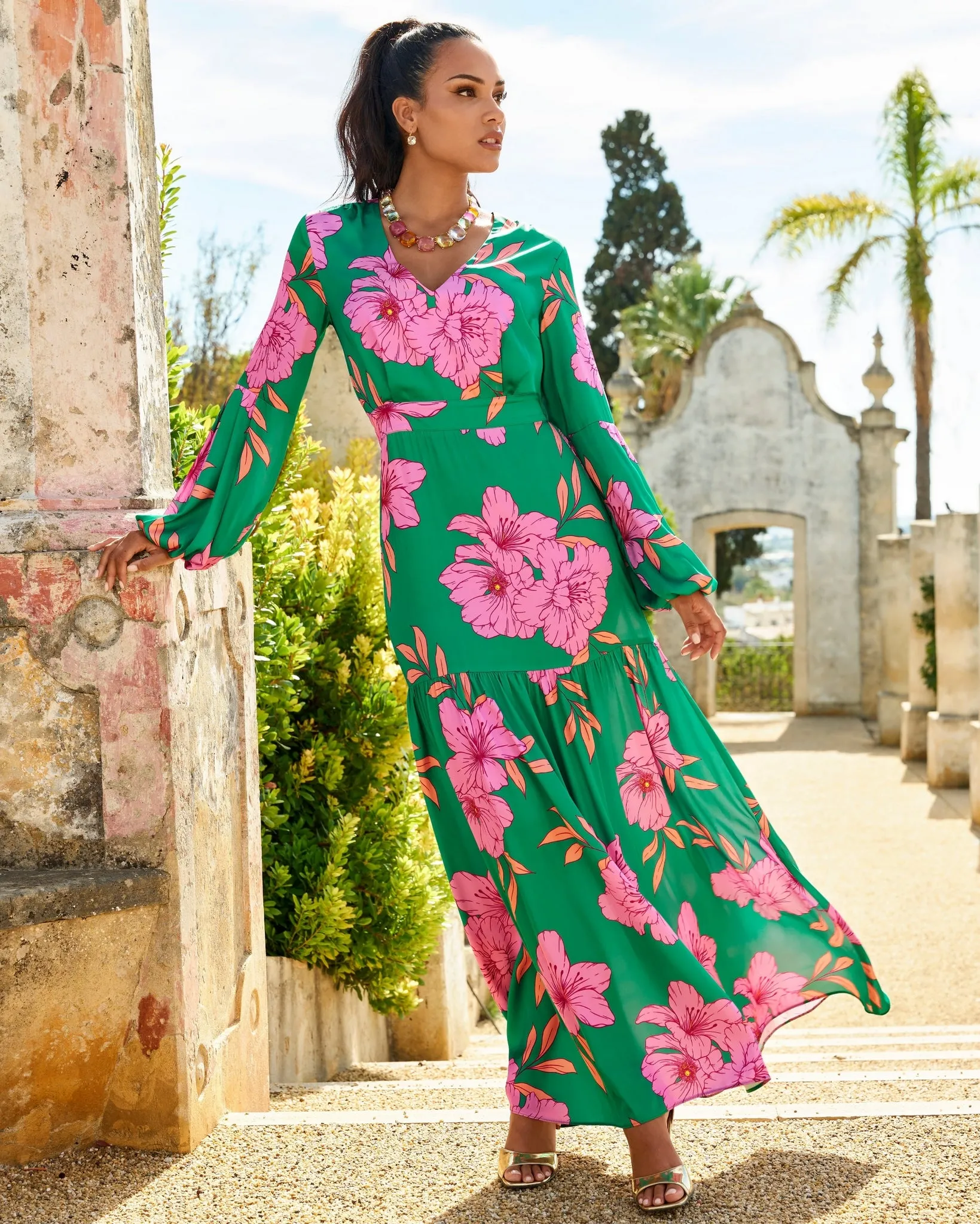 Drawn Floral Print V Neck Tiered Woven Maxi Dress Green/Pink sold by Boston Proper