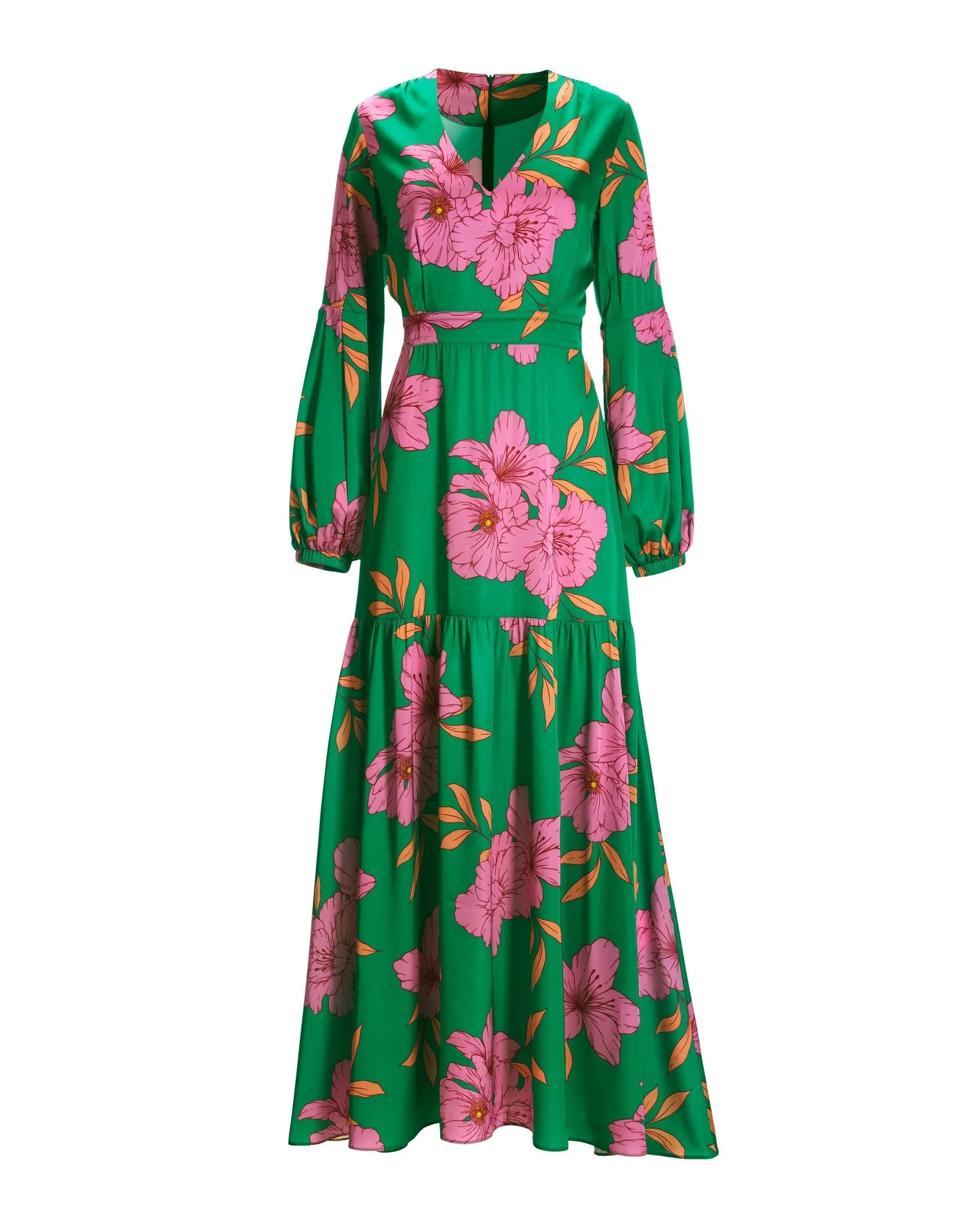 Drawn Floral Print V Neck Tiered Woven Maxi Dress Green/Pink sold by Boston Proper product image thumbnail 2