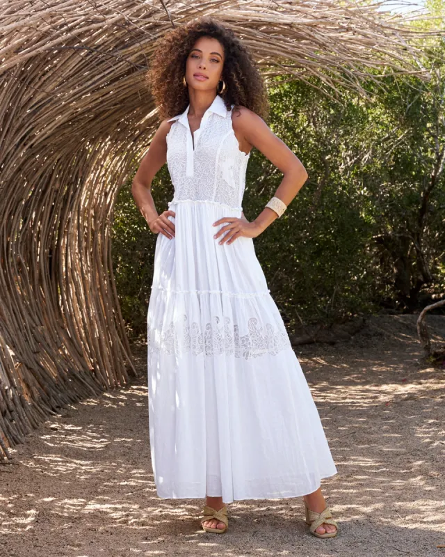 Lace Inset Tiered Ankle Length Cotton Dress Pure White sold by Boston Proper
