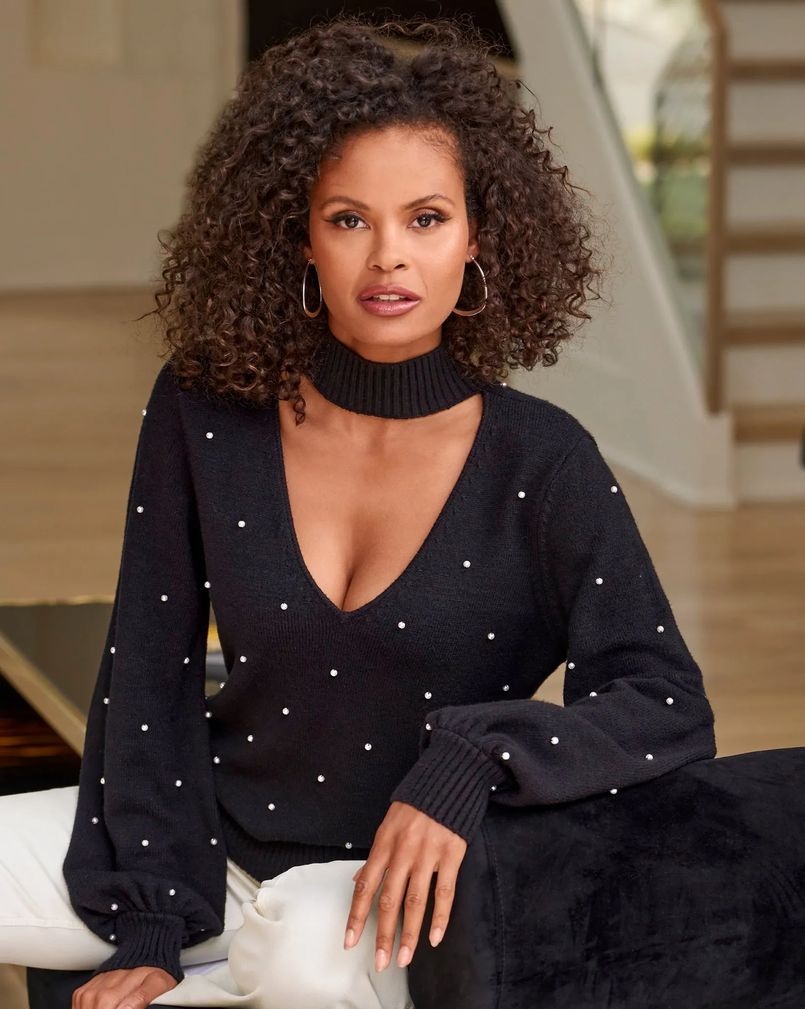 All Over Pearl Embellished Keyhole Sweater Black sold by Boston Proper