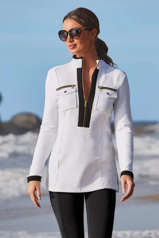 Long Sleeve Chic Zip Top White/Black sold by Boston Proper