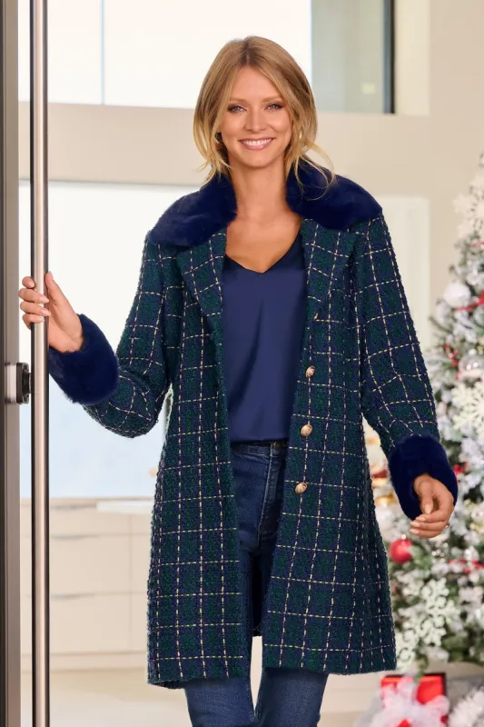 Removable Faux-Fur Trim Tweed Jacket Navy Multi sold by Boston Proper