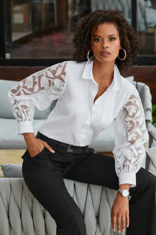 Illusion Embroidered Sleeve Shirt White sold by Boston Proper
