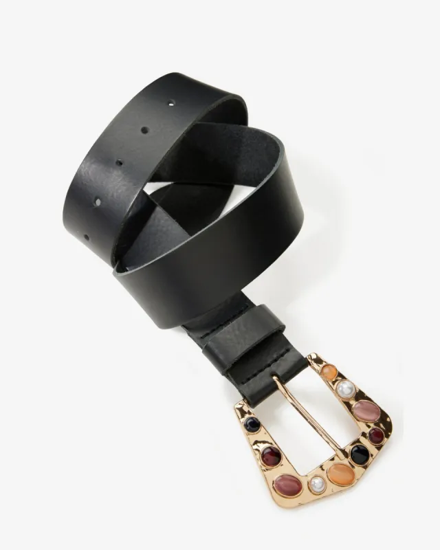 Hammered Gold with Stones Buckle Belt Black sold by Boston Proper