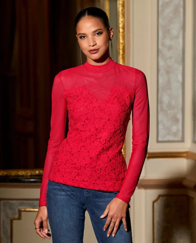 Lace Mesh Knit Top Racing Red made by Boston Proper