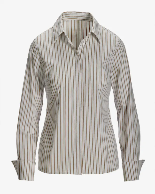 Essential Camel Stripe Sophia Button Up Poplin Shirt Camel/White sold by Boston Proper