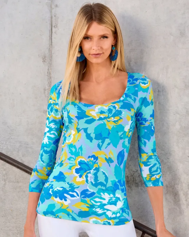 So Sexy Floral Printed Scoop-Neck Knit Top Blue Multi sold by Boston Proper