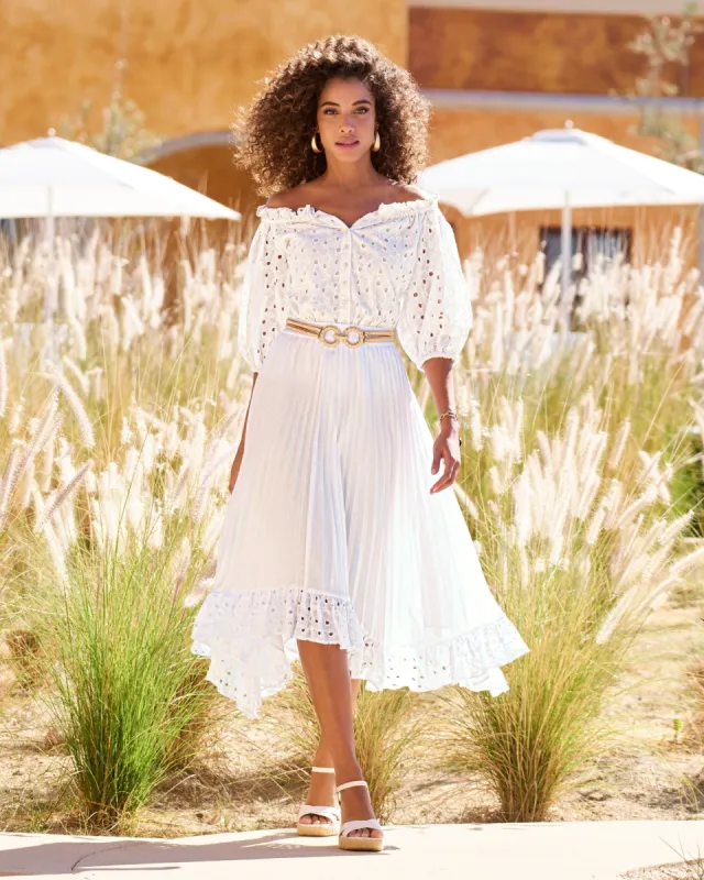 Pleated Eyelet Hem Midi Skirt Pure White sold by Boston Proper