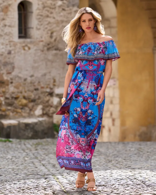Floral Border Print Ruffle Off The Shoulder Maxi Dress Blue Multi sold by Boston Proper