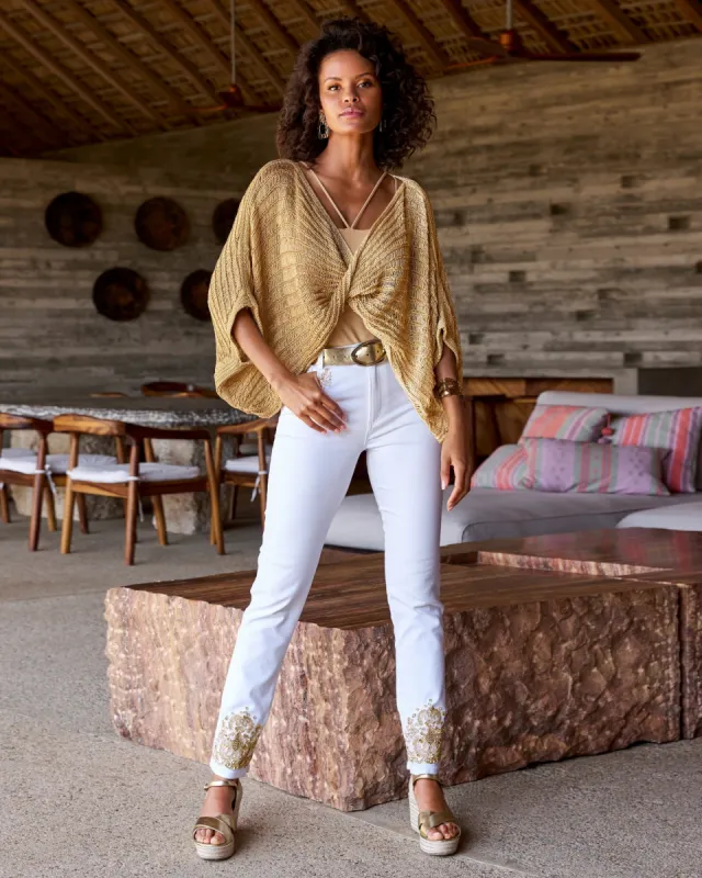 White and Gold Embellished Slim-Straight Jean White/Gold sold by Boston Proper