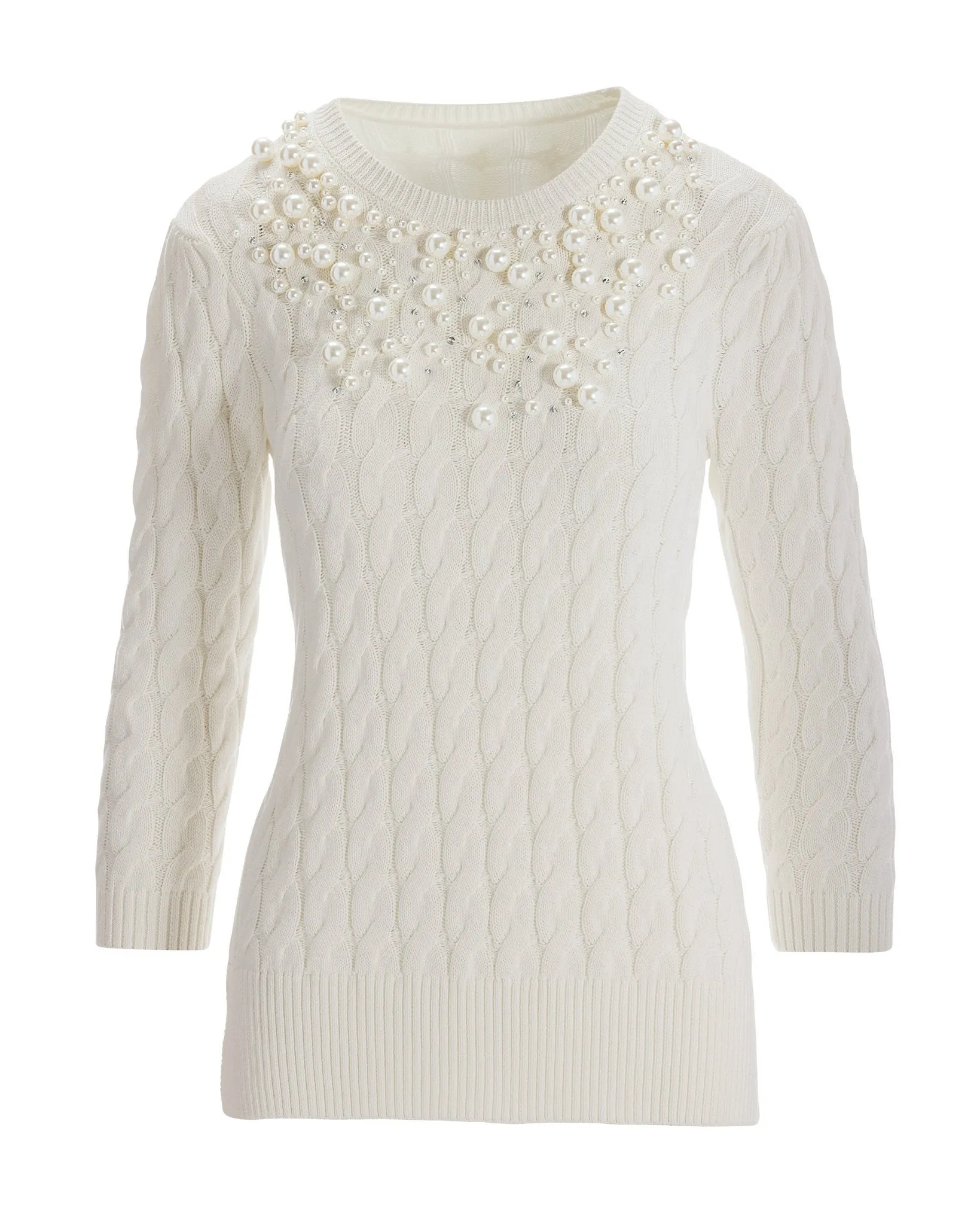 Pearl Embellished Cable Sweater Off White sold by Boston Proper product image thumbnail 2