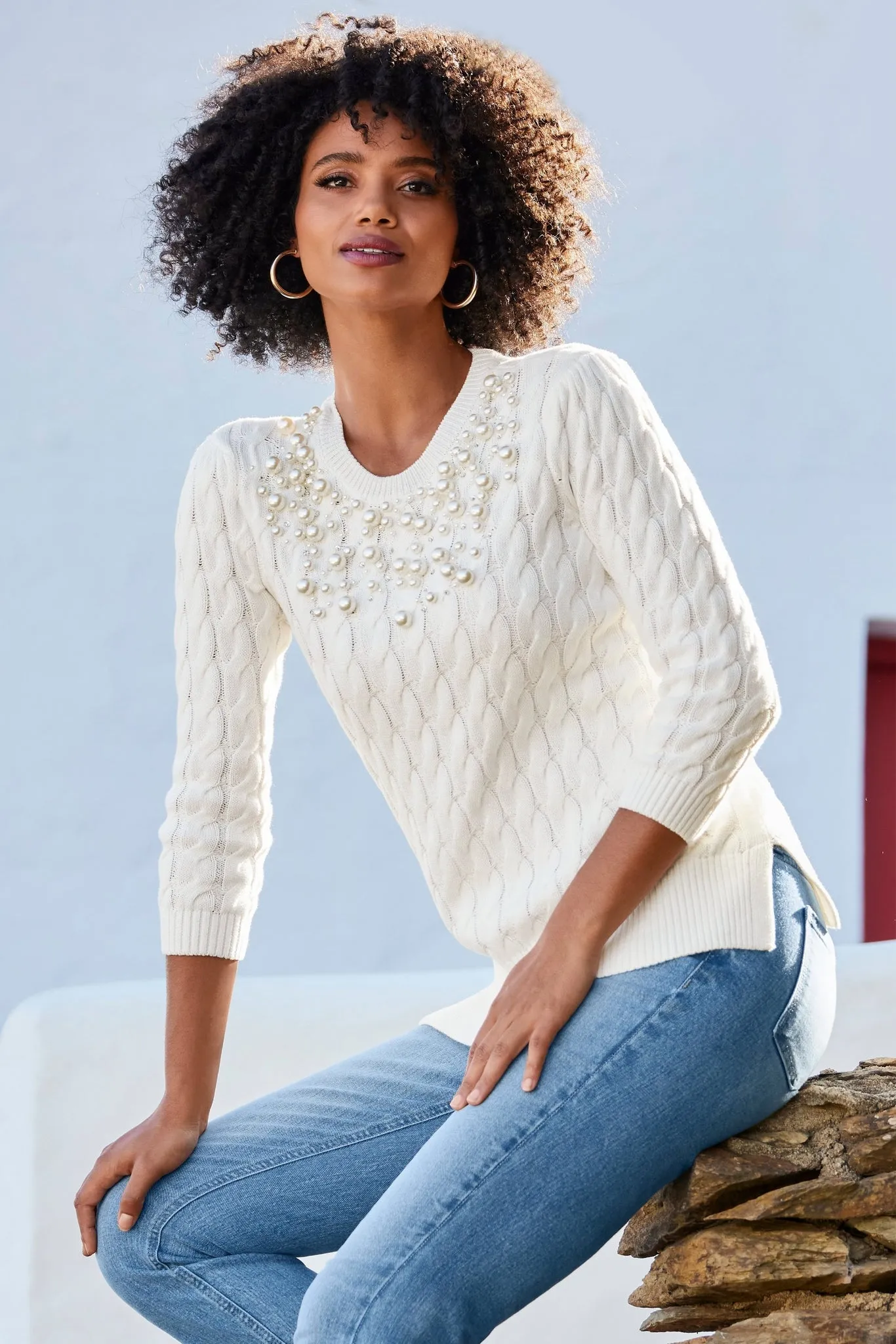 Pearl Embellished Cable Sweater Off White sold by Boston Proper