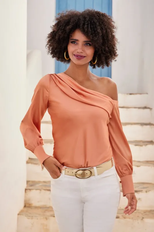 Amelia Shoulder Skimming Charmeuse Blouse Peach sold by Boston Proper