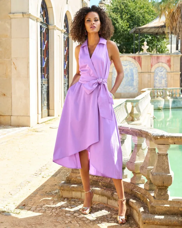 Poplin Fit and Flare Faux Wrap Midi Dress Sheer Lilac sold by Boston Proper