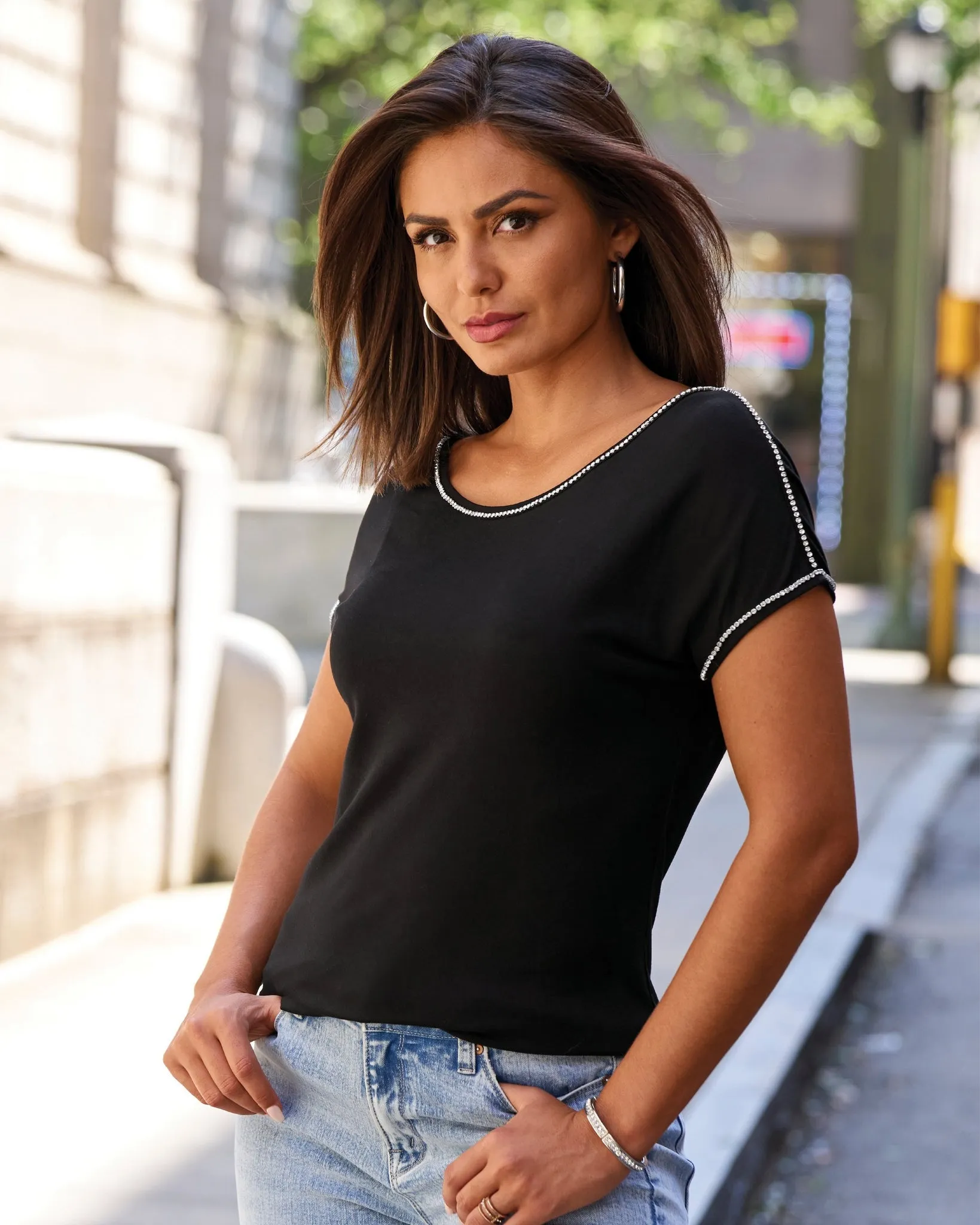 Rhinestone Trim Short-Sleeve Knit Tee Black sold by Boston Proper