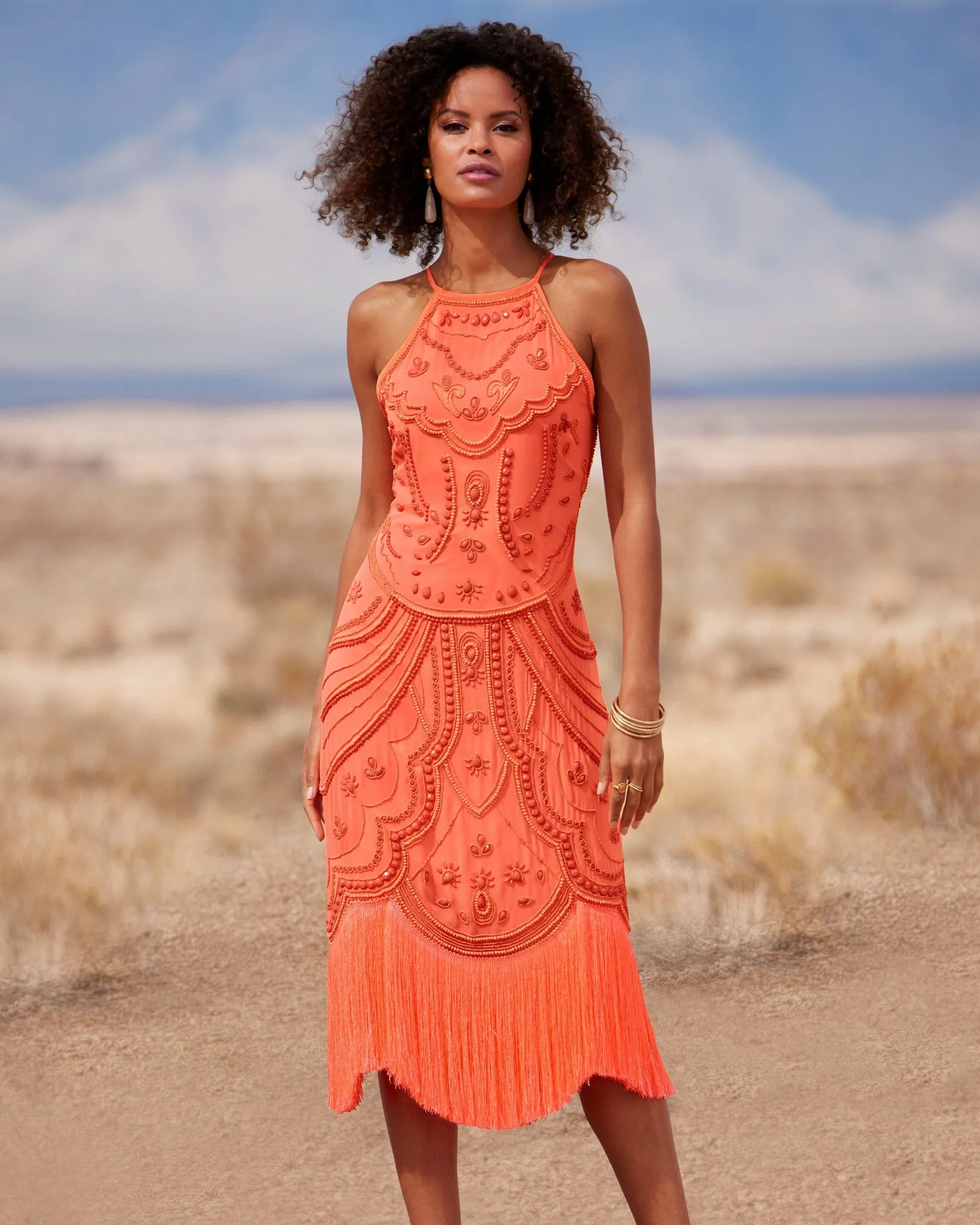 Hand Beaded Fringe Shift Dress Coral sold by Boston Proper