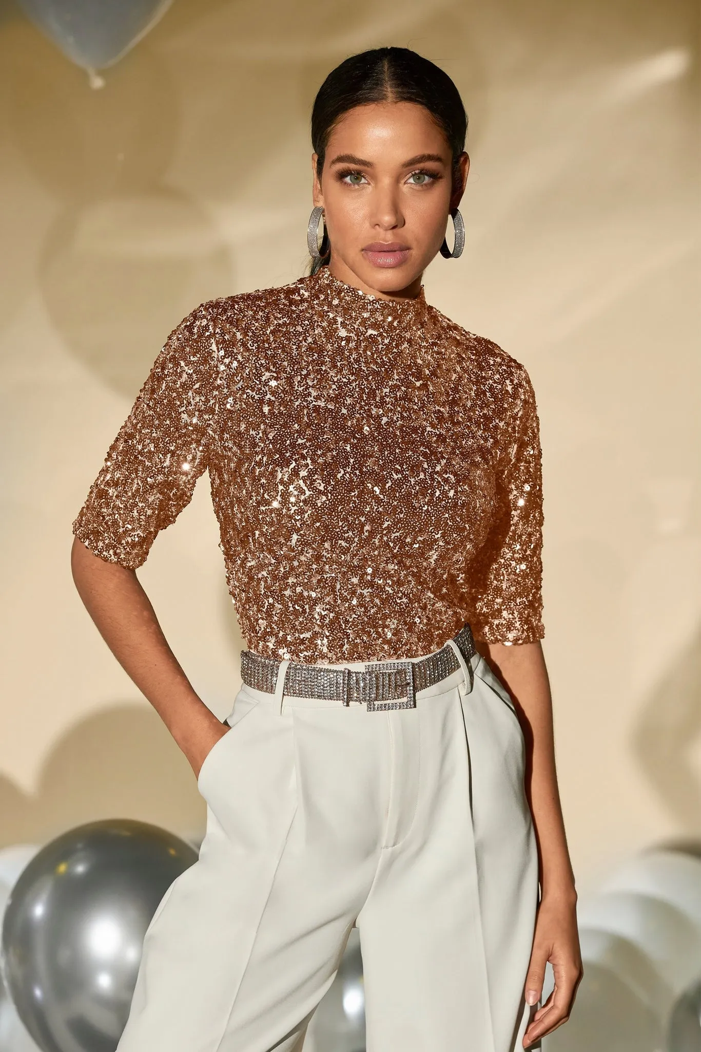 Sequin Mock Neck Elbow Sleeve Top Rose Gold sold by Boston Proper