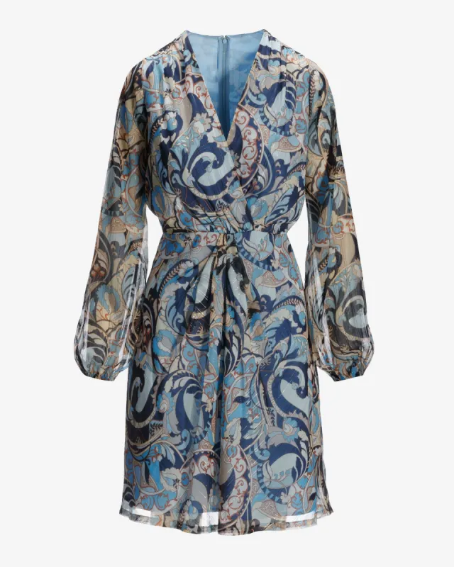 Autumn Paisley V Neck Twist Detail A Line Dress Blue/Neutral made by Boston Proper
