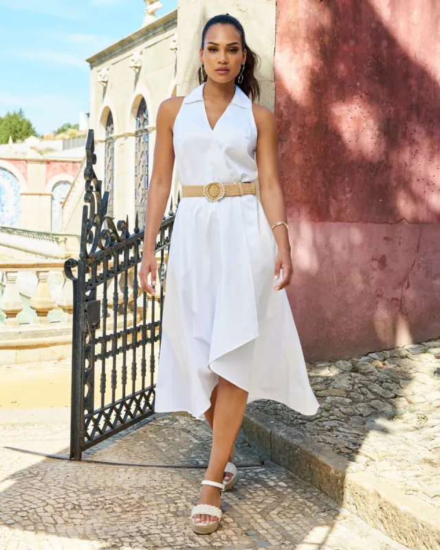 Poplin Fit and Flare Faux Wrap Midi Dress White sold by Boston Proper