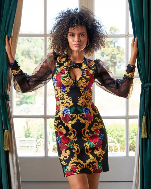 Holiday Status Print Embellished Keyhole A Line Scuba Dress Black/Multi sold by Boston Proper