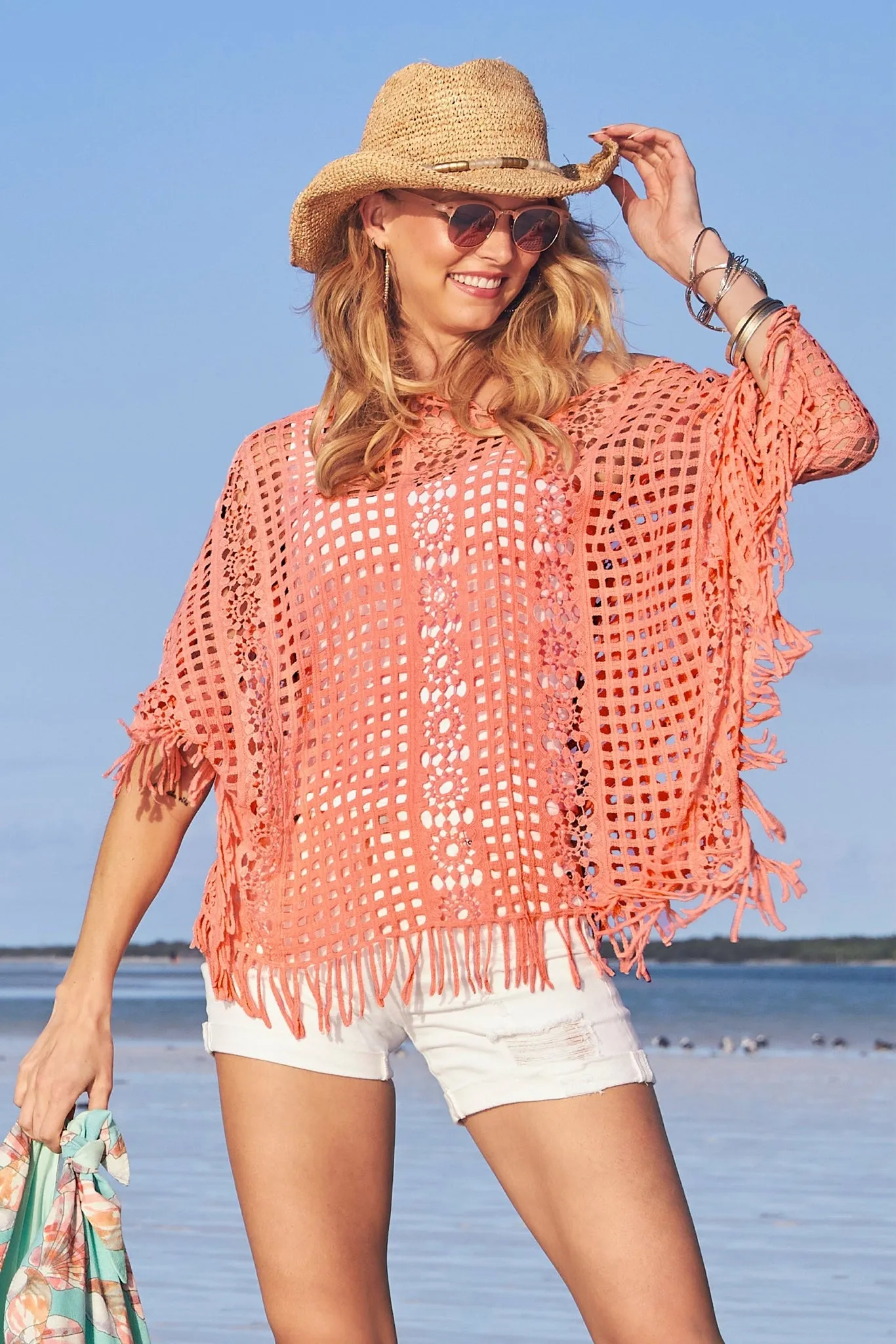 Effortless Crochet Pullover Poncho Peach Bud sold by Boston Proper