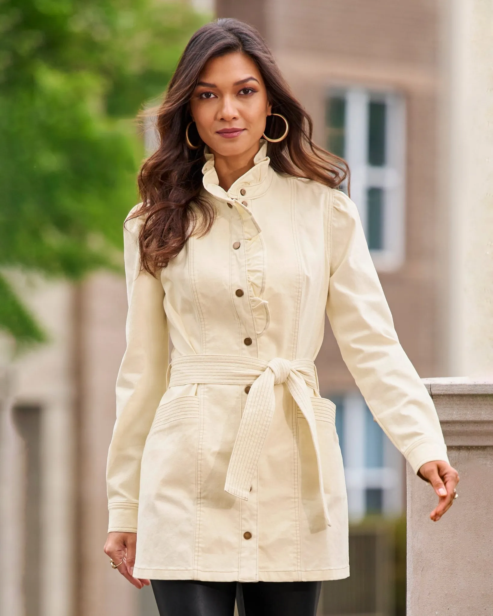 Ruffle Trim Denim Utility Jacket Off White | Parallel