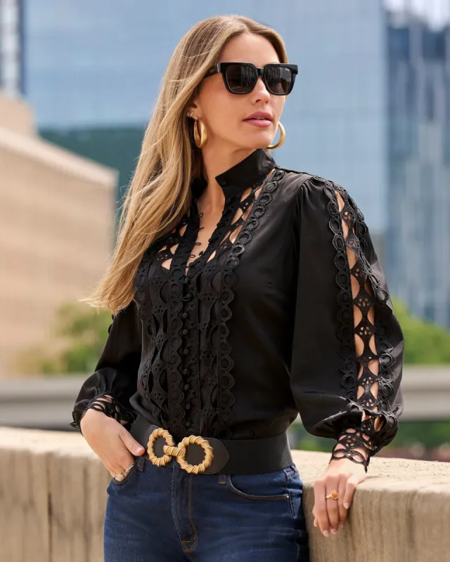 Cutout Lace Button Up Shirt Black made by Boston Proper