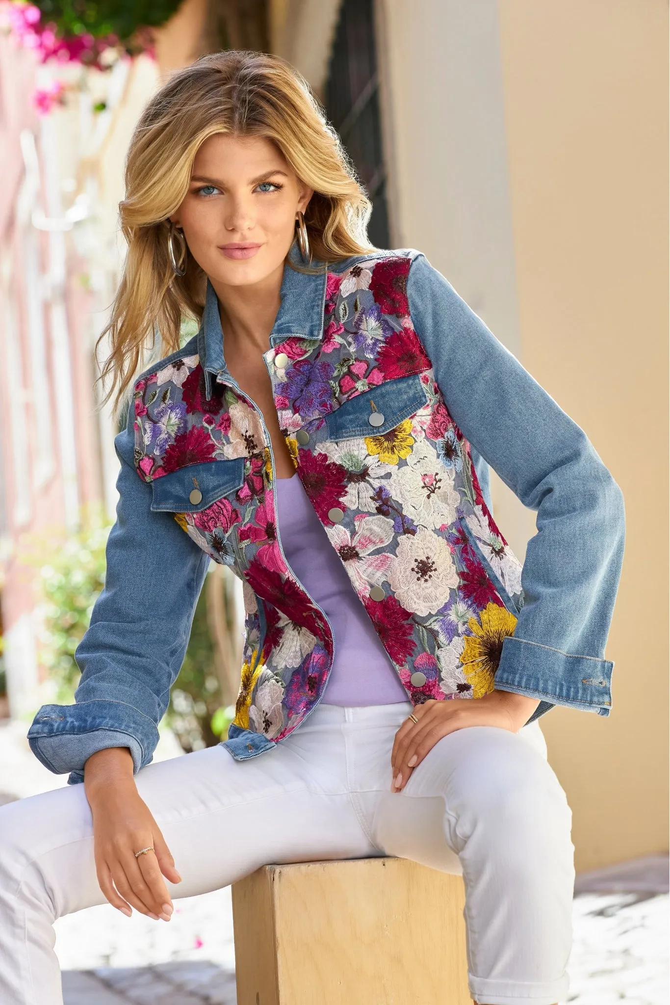 Floral Gardens Embroidered Denim Jacket Light Wash sold by Boston Proper