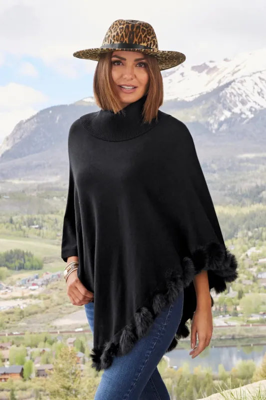 Faux Fur Trim Turtleneck Poncho Black made by Boston Proper