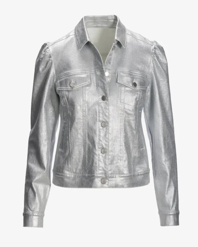 Coated Denim Puff Sleeve Jacket Silver sold by Boston Proper