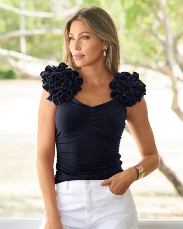 So Chic Floral Skimming Ruched Top Proper Black sold by Boston Proper