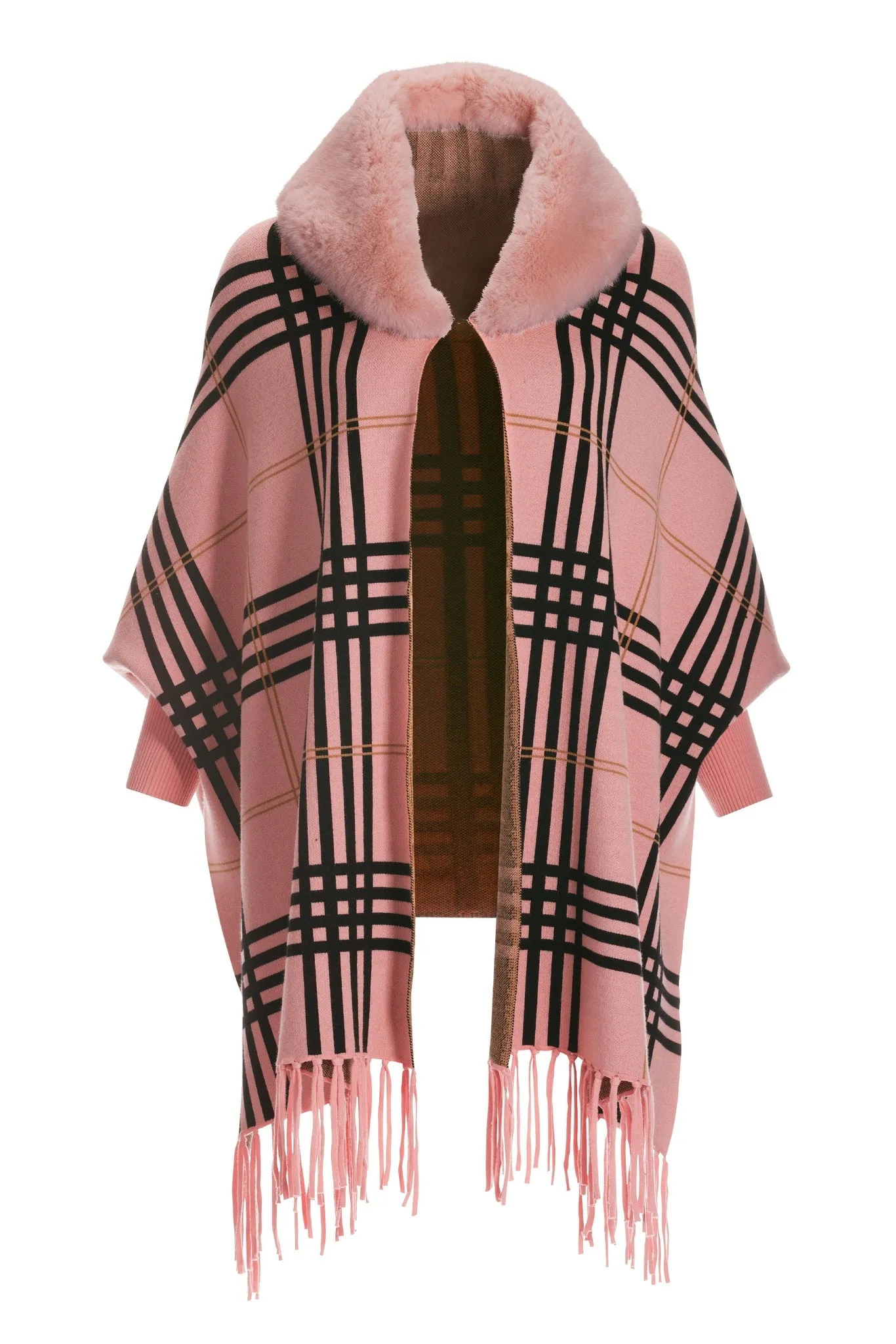 Plaid Faux Fur Collar Poncho Pink Multi sold by Boston Proper product image thumbnail 2