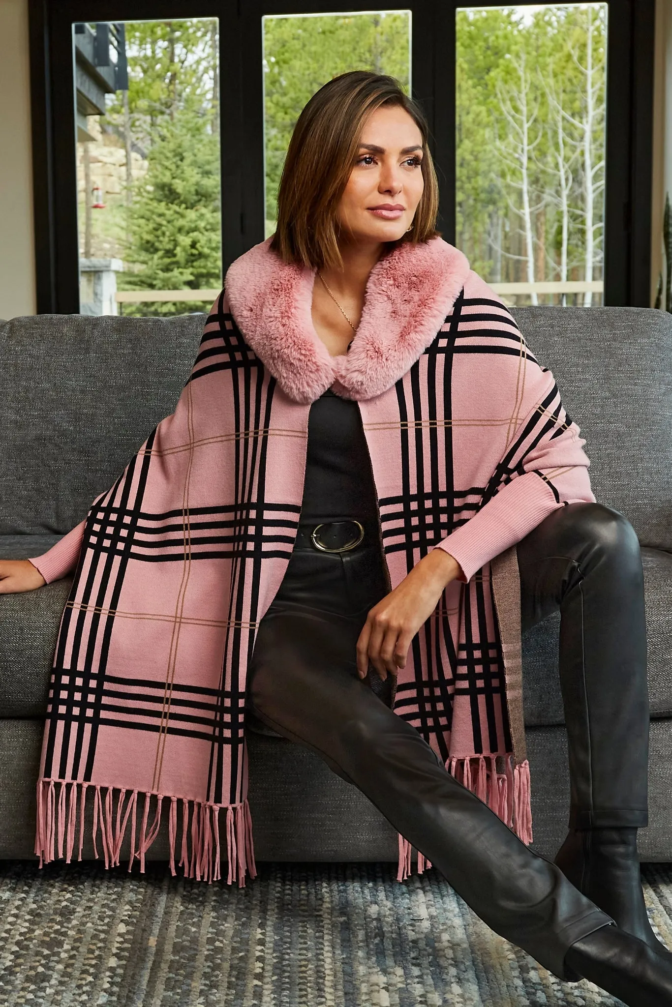 Plaid Faux Fur Collar Poncho Pink Multi sold by Boston Proper