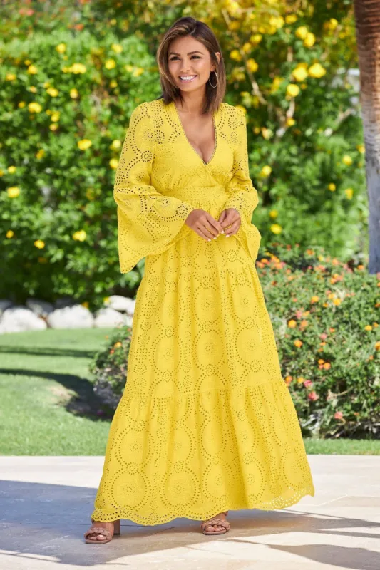 Flare Sleeve Eyelet Tiered Maxi Dress Lemon Zest sold by Boston Proper