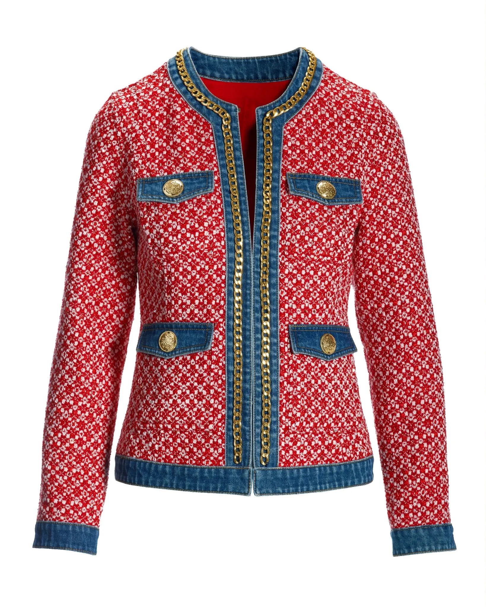 Tweed Denim and Chain Trim Jacket Red Multi sold by Boston Proper product image thumbnail 2