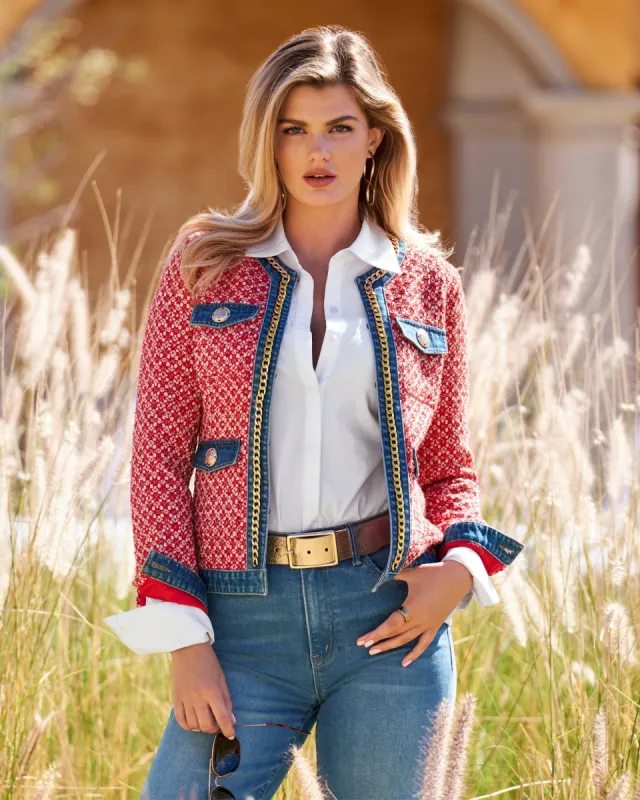 Tweed Denim and Chain Trim Jacket Red Multi sold by Boston Proper