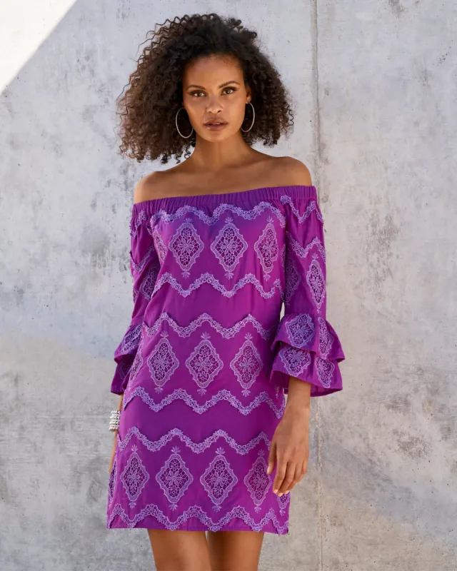 Metallic Lace Detail Off The Shoulder Shift Dress Purple Cactus Flower sold by Boston Proper