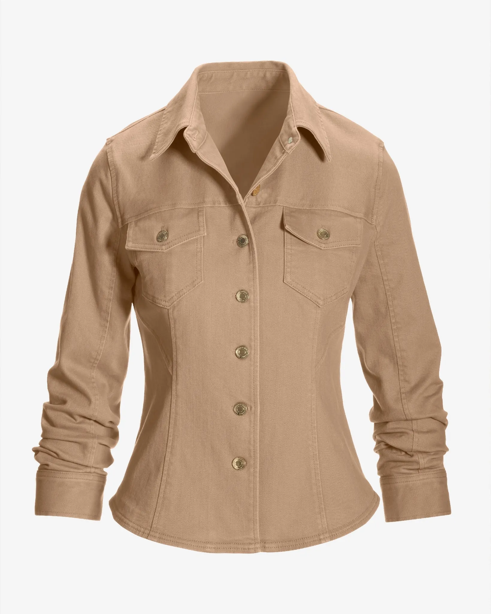 Ruched Sleeve Shaped Denim Jacket Latte sold by Boston Proper