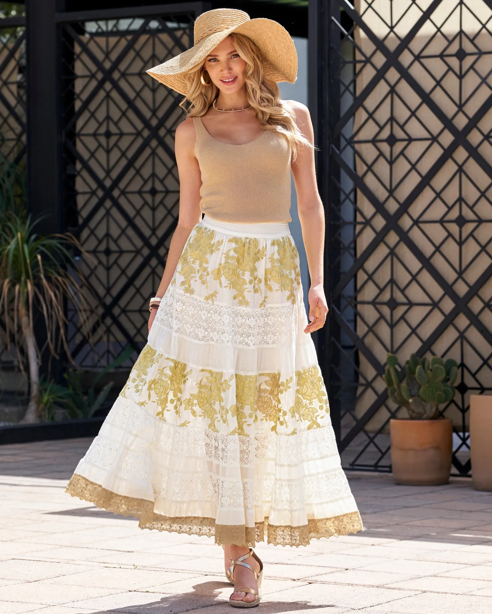 Tiered Gold Lace Maxi Skirt White/Gold sold by Boston Proper