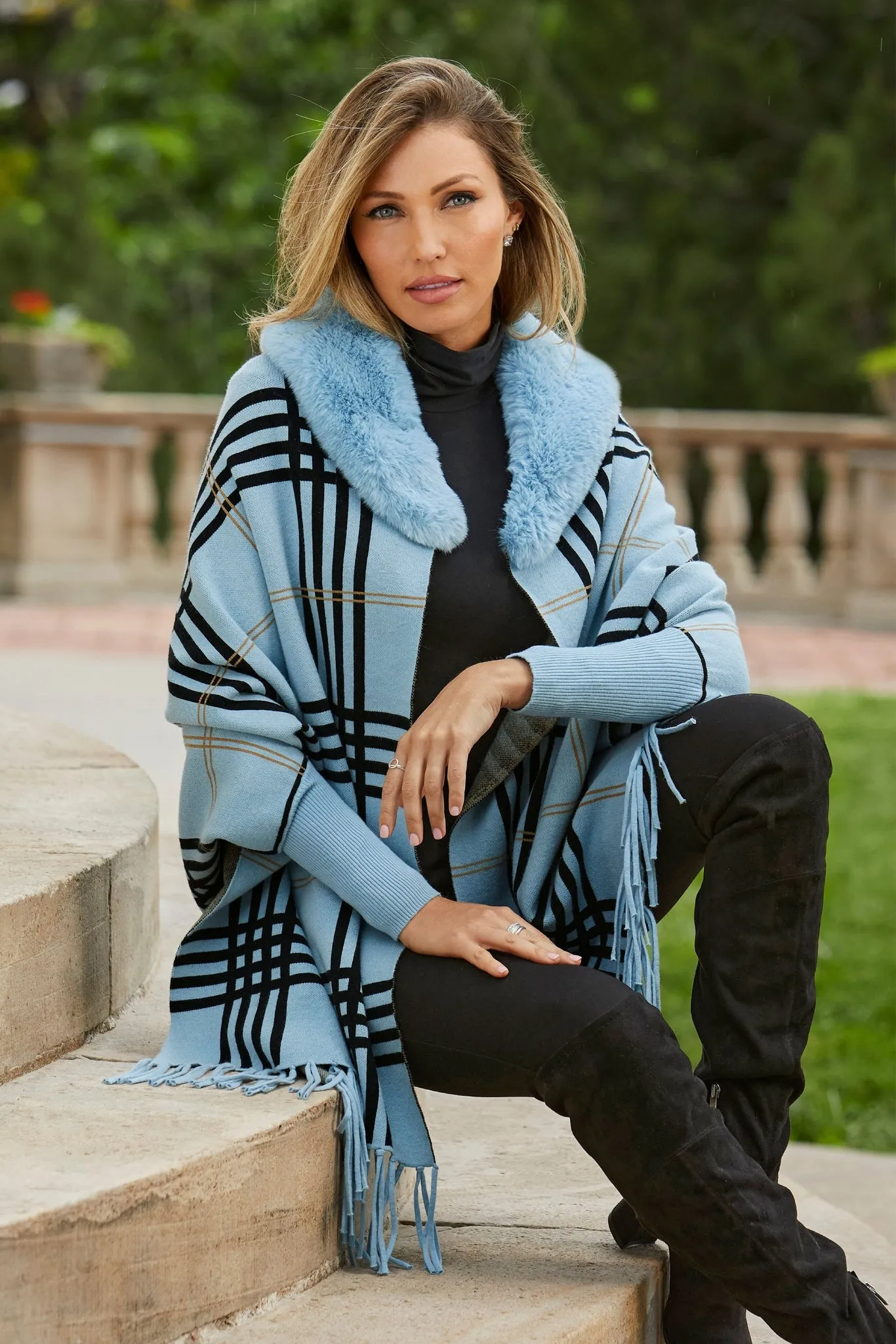 Plaid Faux Fur Collar Poncho Blue Multi sold by Boston Proper