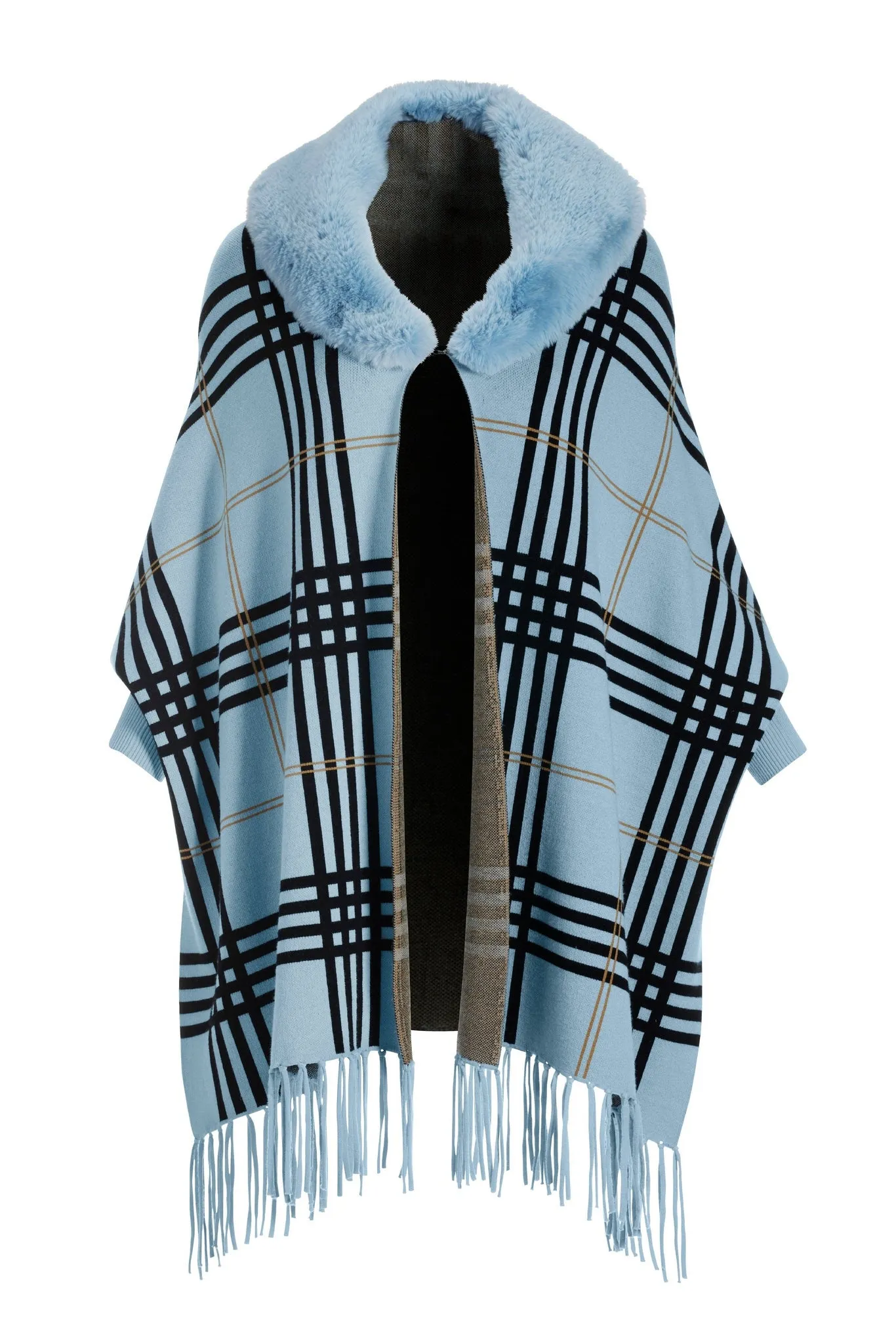 Plaid Faux Fur Collar Poncho Blue Multi sold by Boston Proper product image thumbnail 2