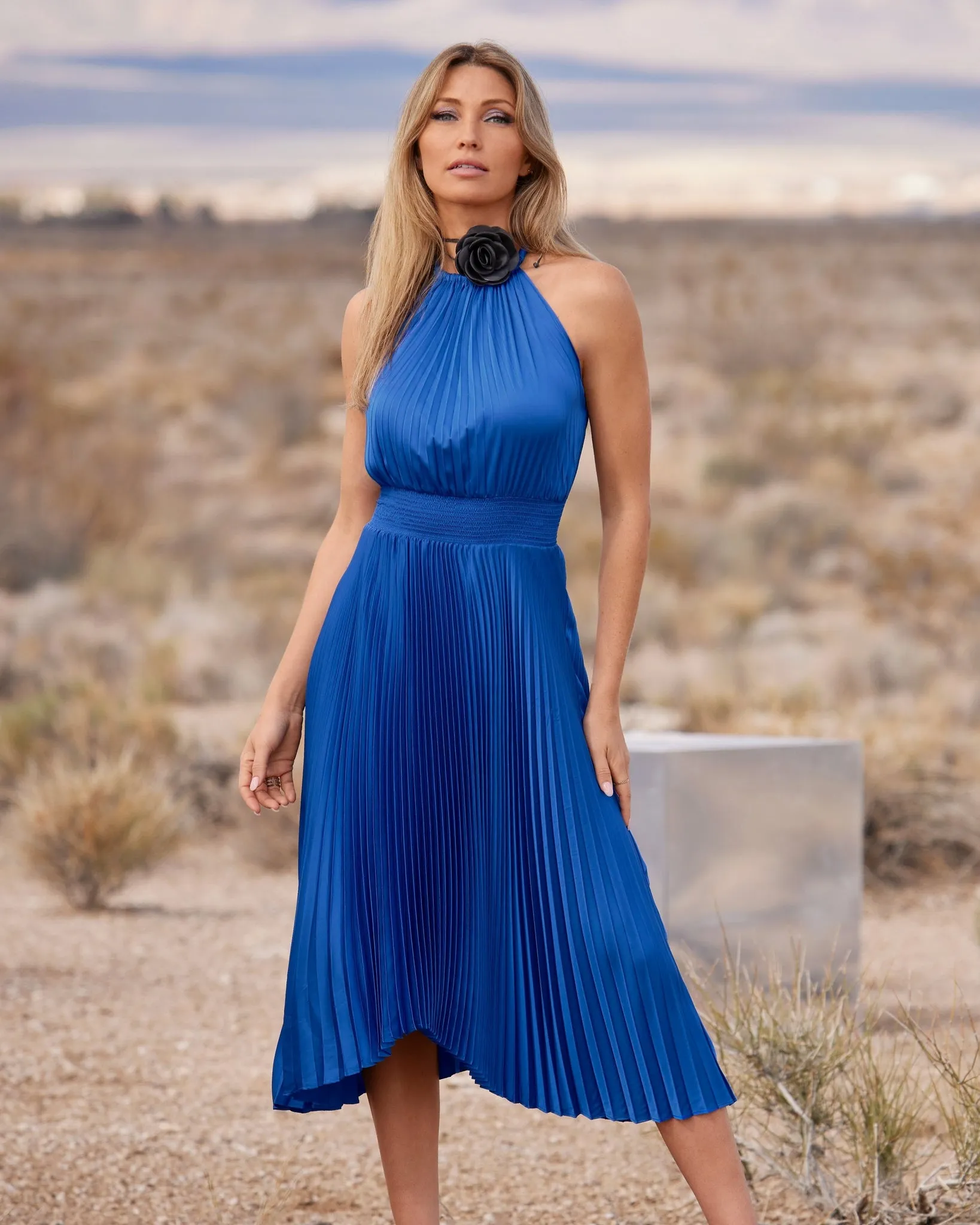 Pleated High Neck Blouson Midi Dress Lapis Blue sold by Boston Proper